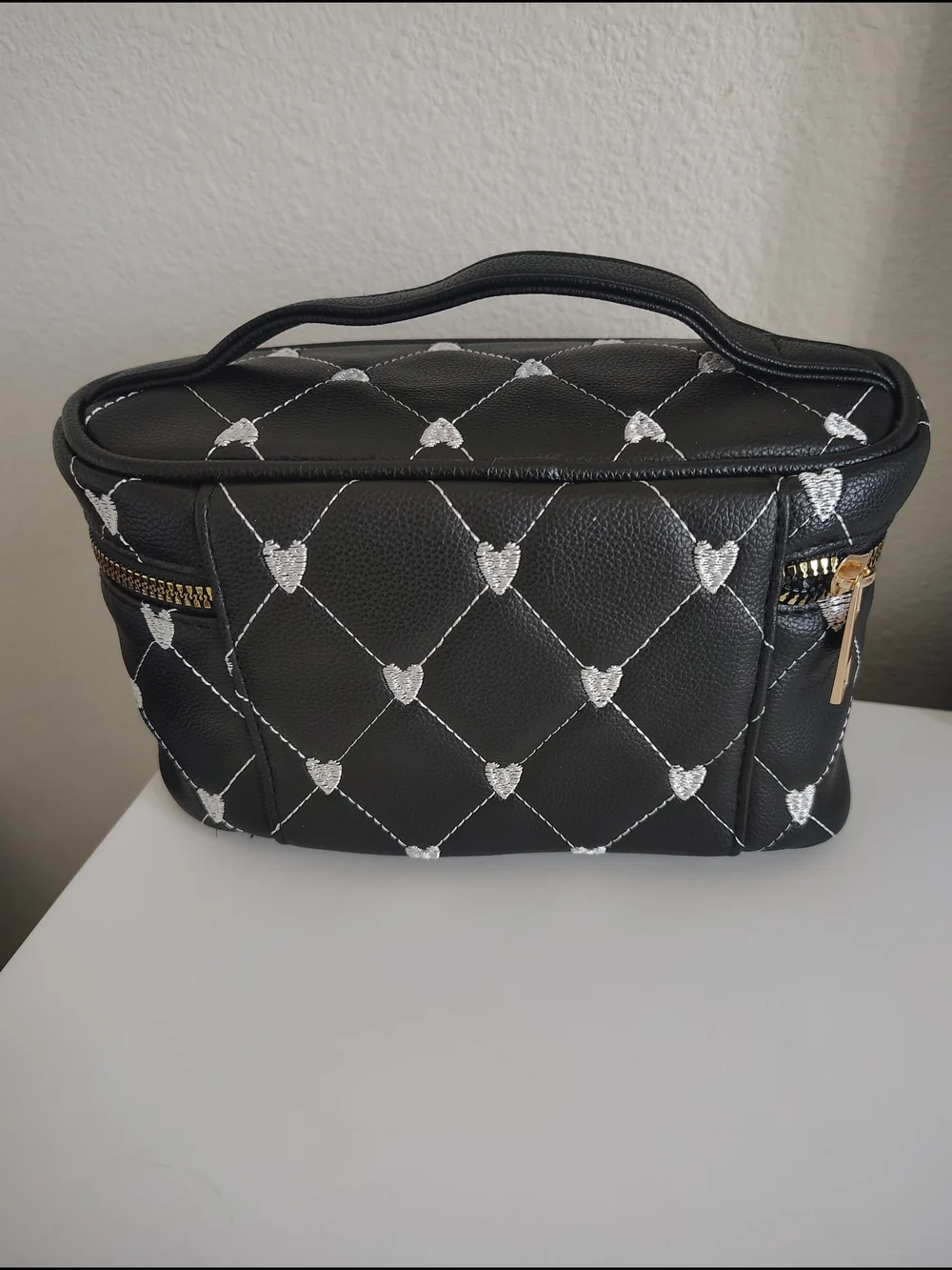 Black Quilted Cosmetic Case with Gold Zipper
